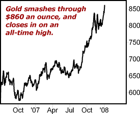 Gold smashes through $860 an ounce, and closes in on an all-time high.