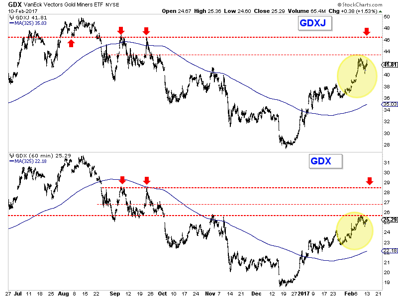 VanEck Vectors Gold Miners ETF and Junior Gold Miners ETF 60-Minute Chart